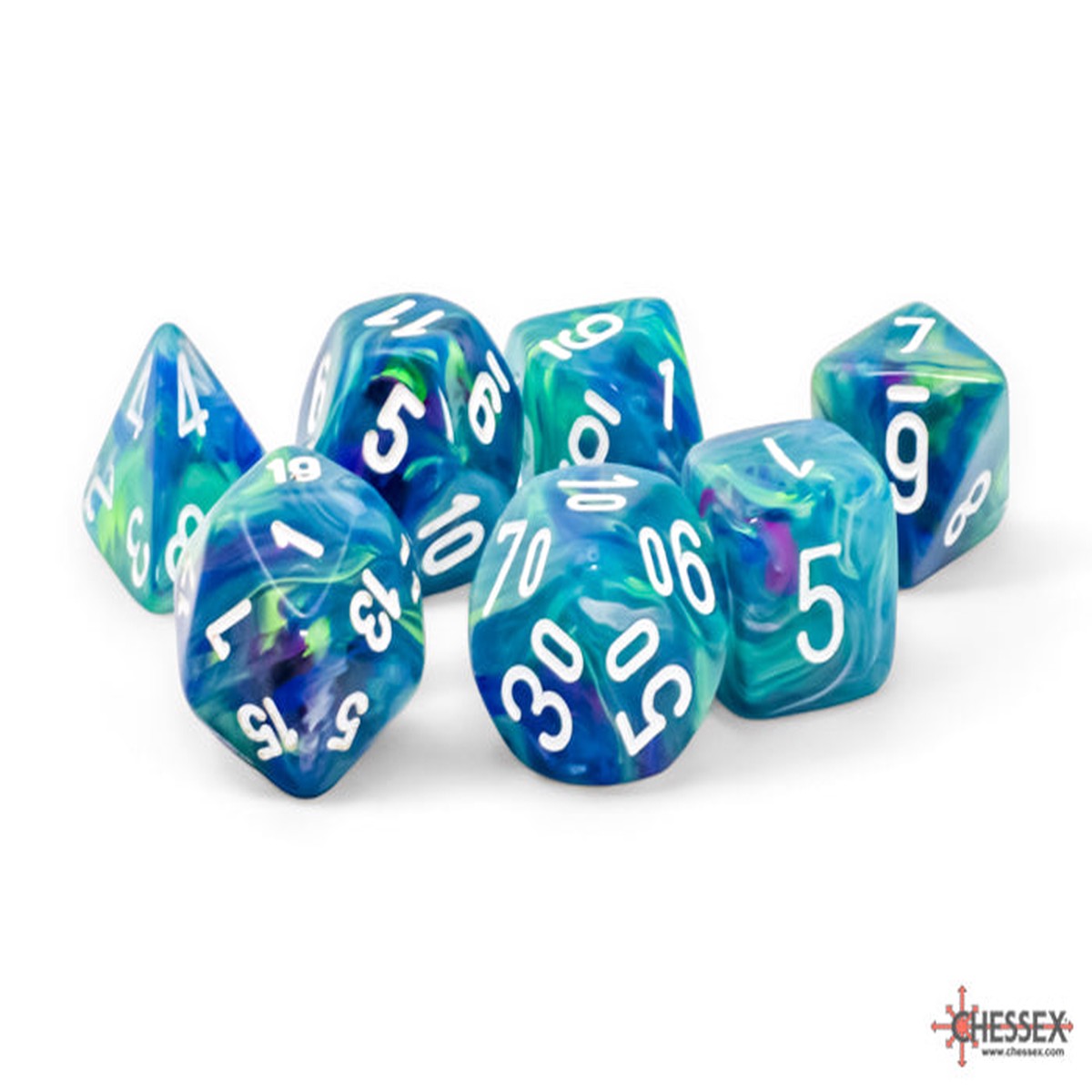 Chessex Mega-hedral Festive Waterlily/White Polyhedral 7-Dice Set