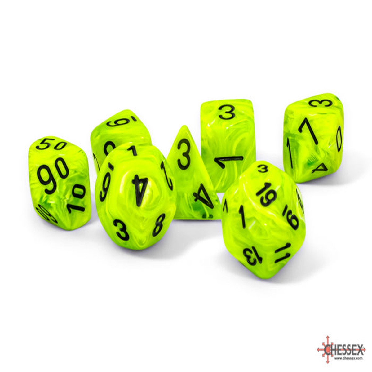 Chessex Mega-hedral Vortex Bright Green/Black Polyhedral 7-Dice Set