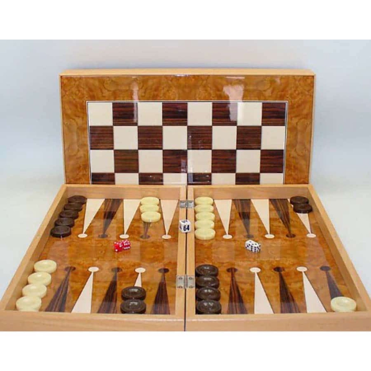 Backgammon Set: 19" Burlwood Decoupage