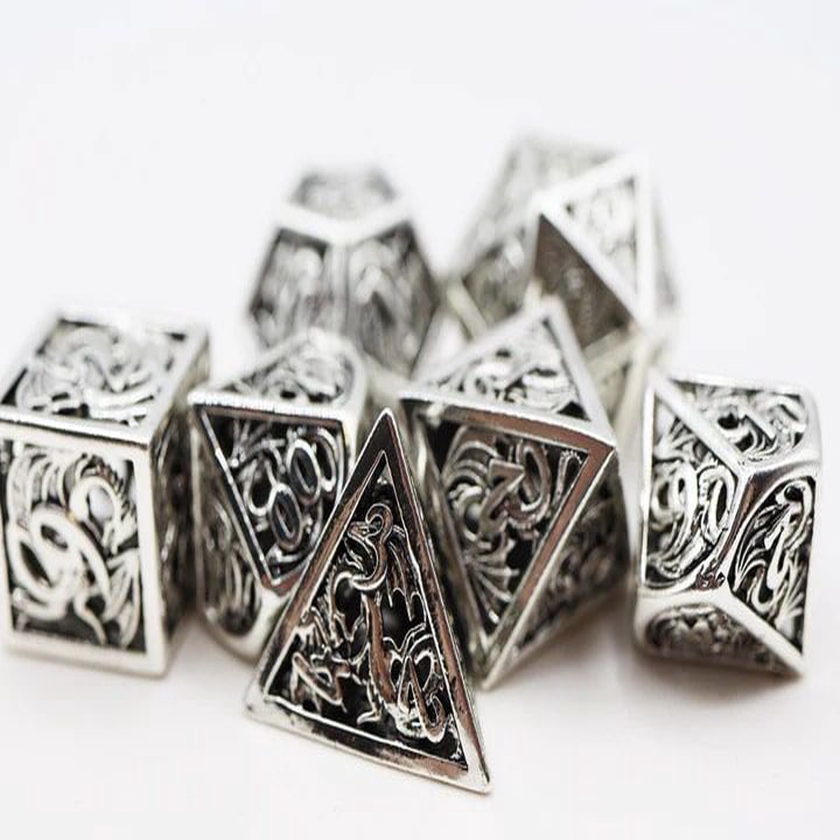 Foam Brain Games 7ct Metal Polyhedral Dice Set Hollow Steel Dragon