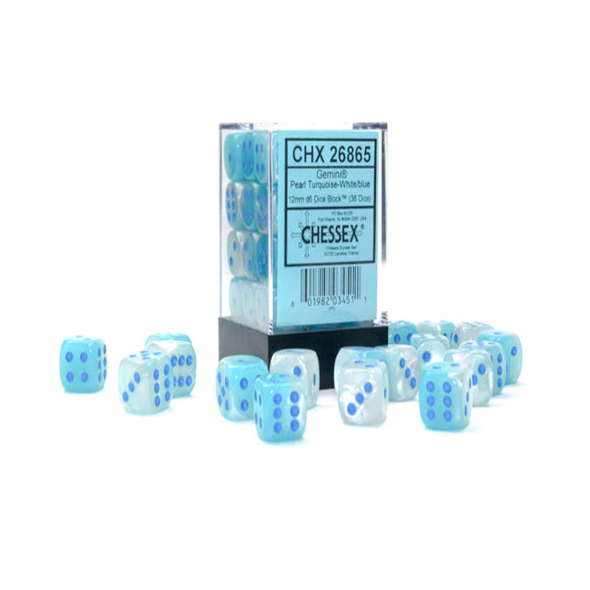 Chessex Gemini Pearl Turquoise-White/Blue Luminary 12mm d6 Dice Block (36 dice)