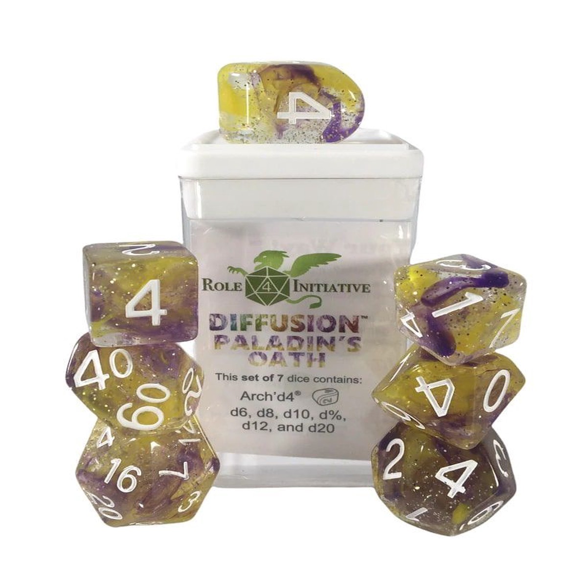 Role4Initiative 7ct Polyhedral Dice Set w/ Arch'd d4 - Paladin's Oath