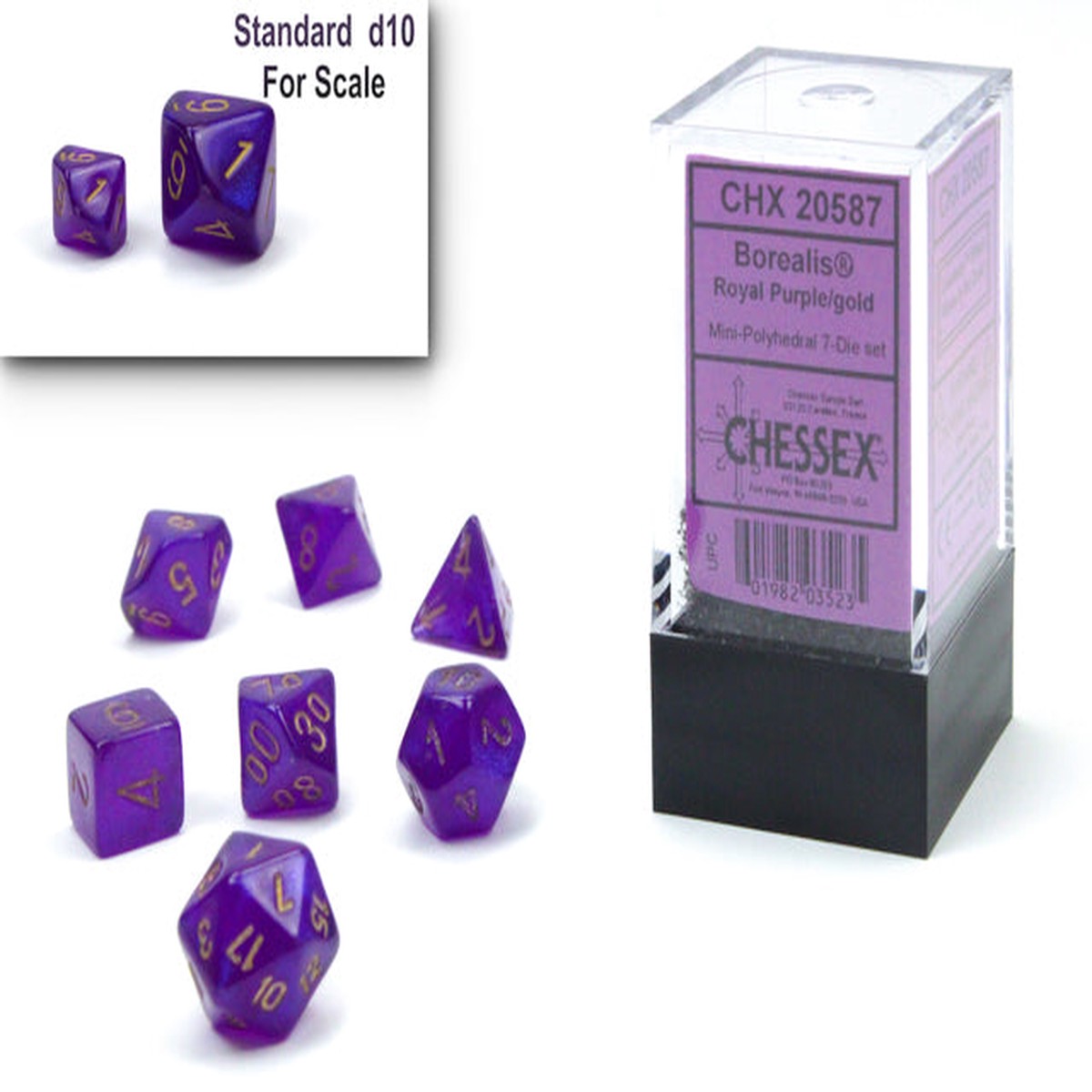 Chessex Mini 7ct Polyhedral Dice Set Borealis Luminary Royal Purple (20587)