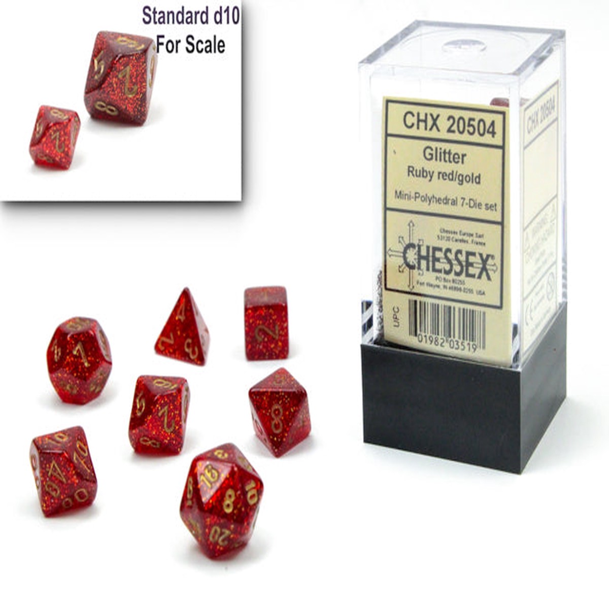Chessex Mini 7ct Polyhedral Dice Set Glitter Ruby Red/Gold (20504)