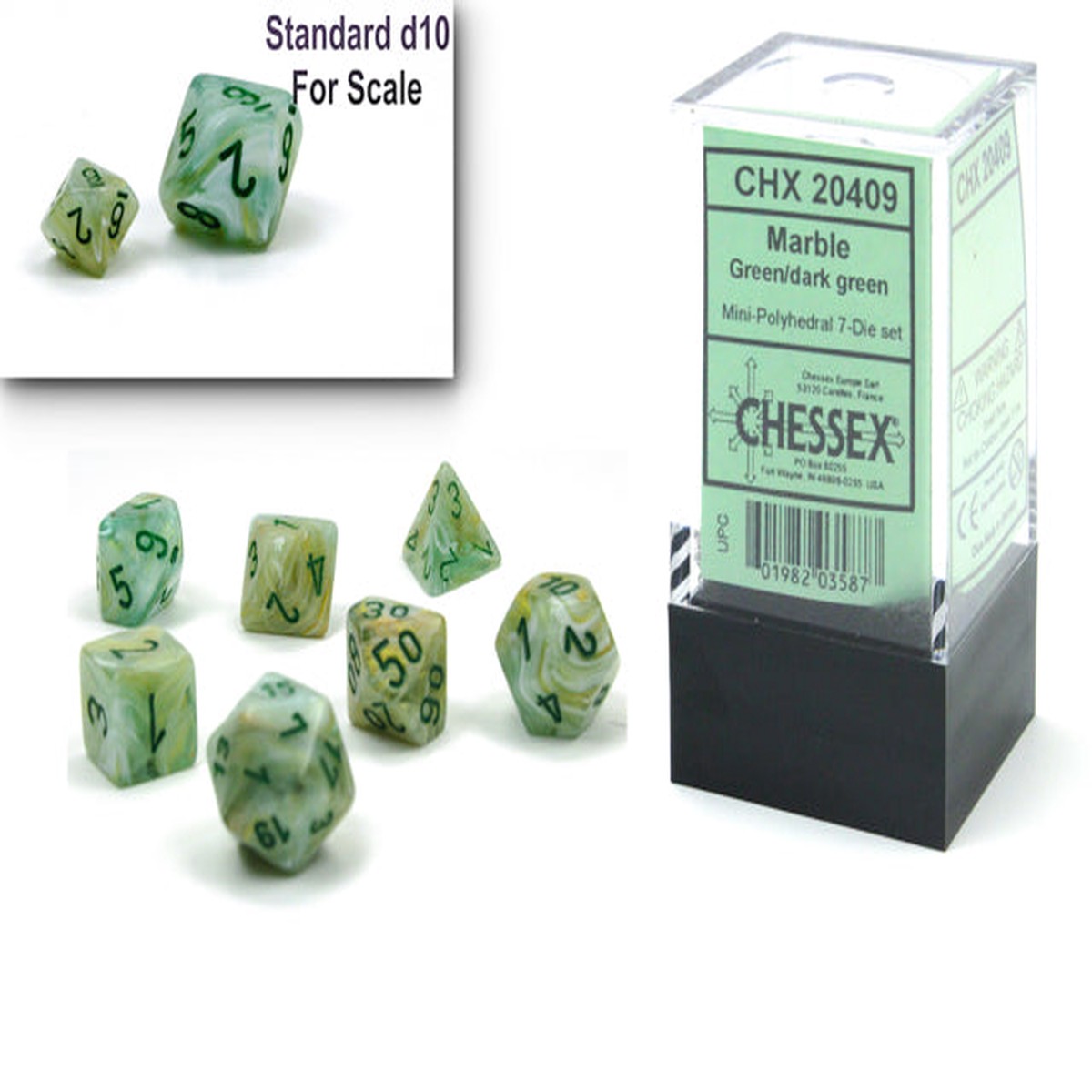Chessex Mini 7ct Polyhedral Dice Set Marble Green/Dark Green (20409)