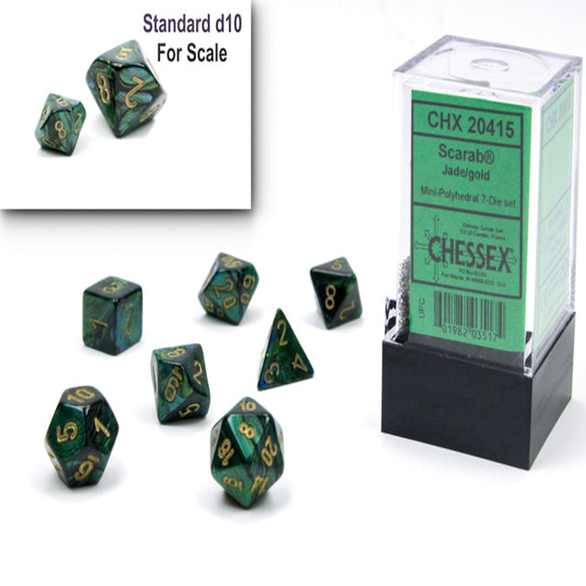 Chessex Mini 7ct Polyhedral Dice Set Scarab Jade/Gold (20415)