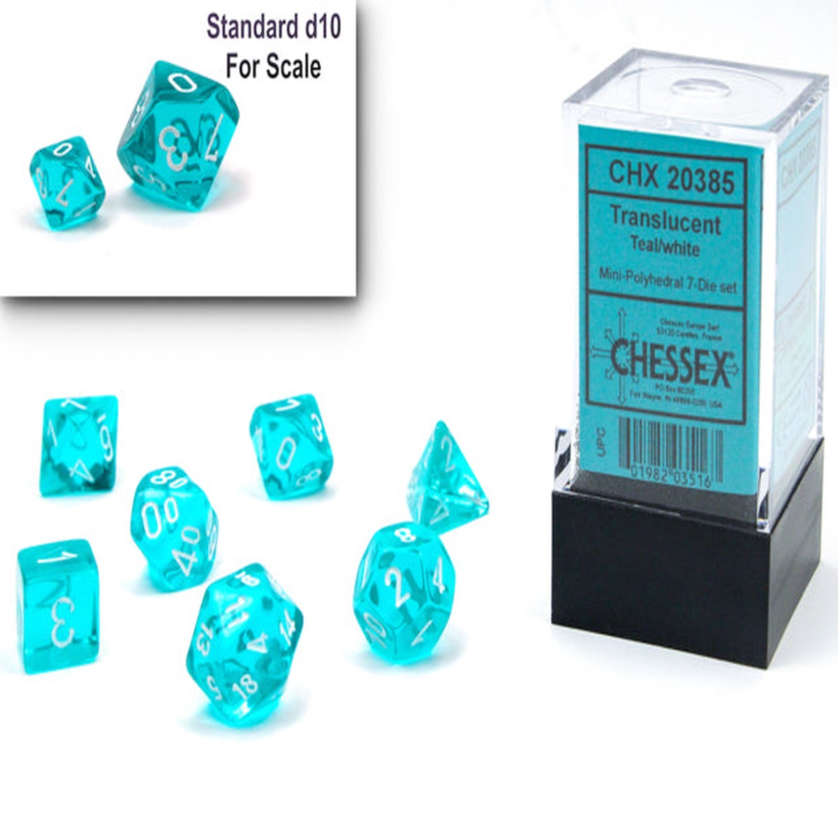 Chessex Mini 7ct Polyhedral Dice Set Translucent Teal/White (20385)