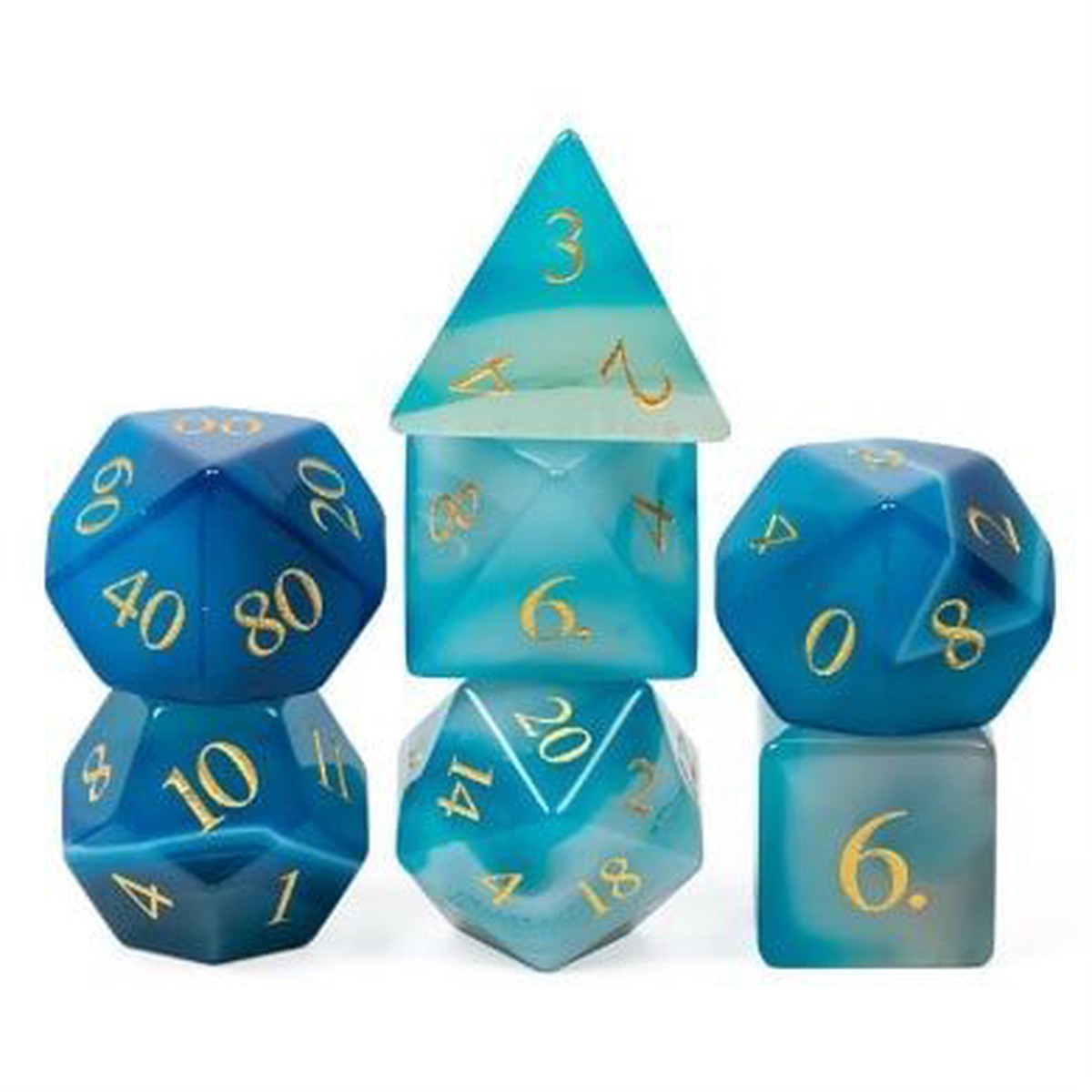 Foam Brain 7ct Gemstone Polyhedral Dice Set Blue Agate with Gold