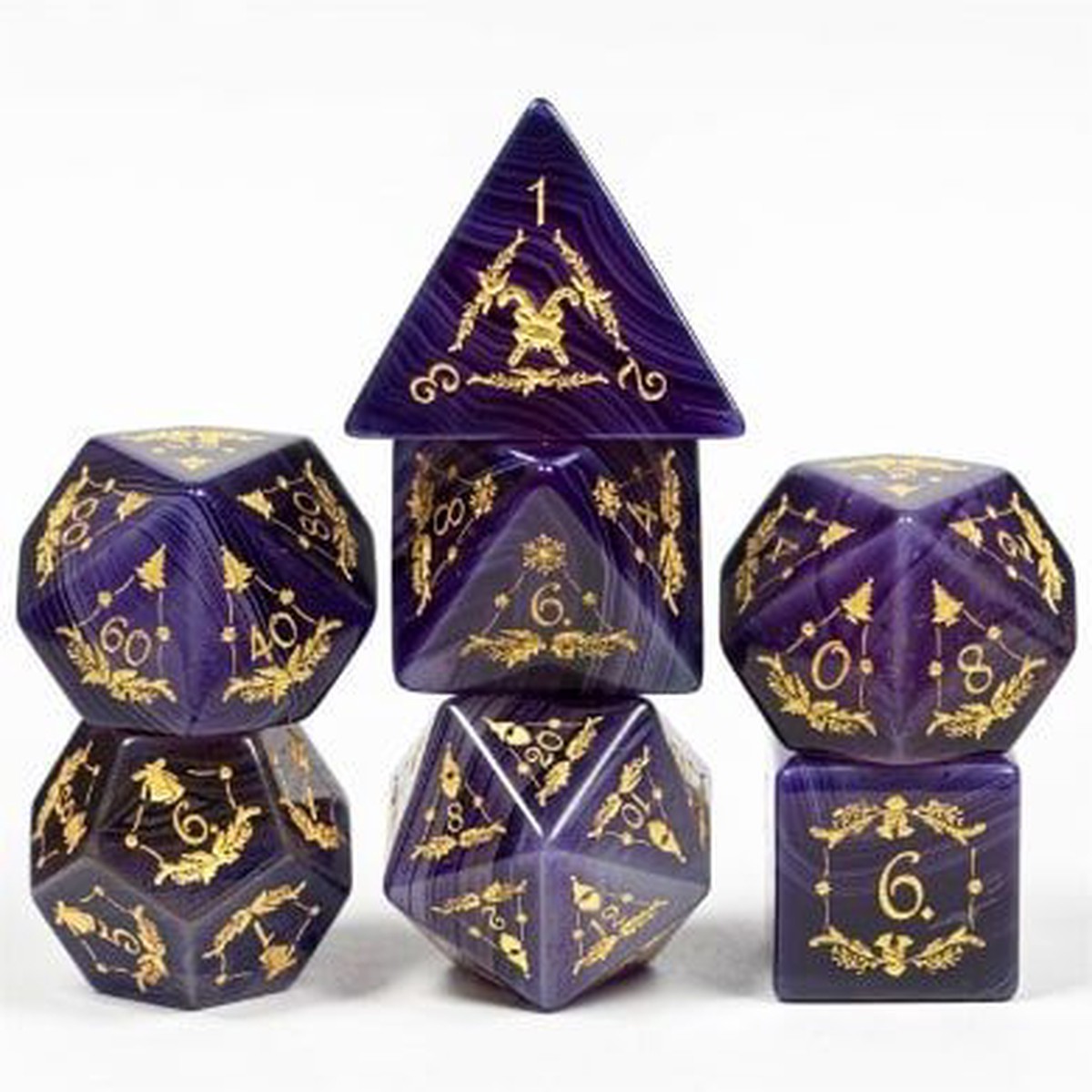 Foam Brain 7ct Gemstone Polyhedral Dice Set Purple Agate with Gold