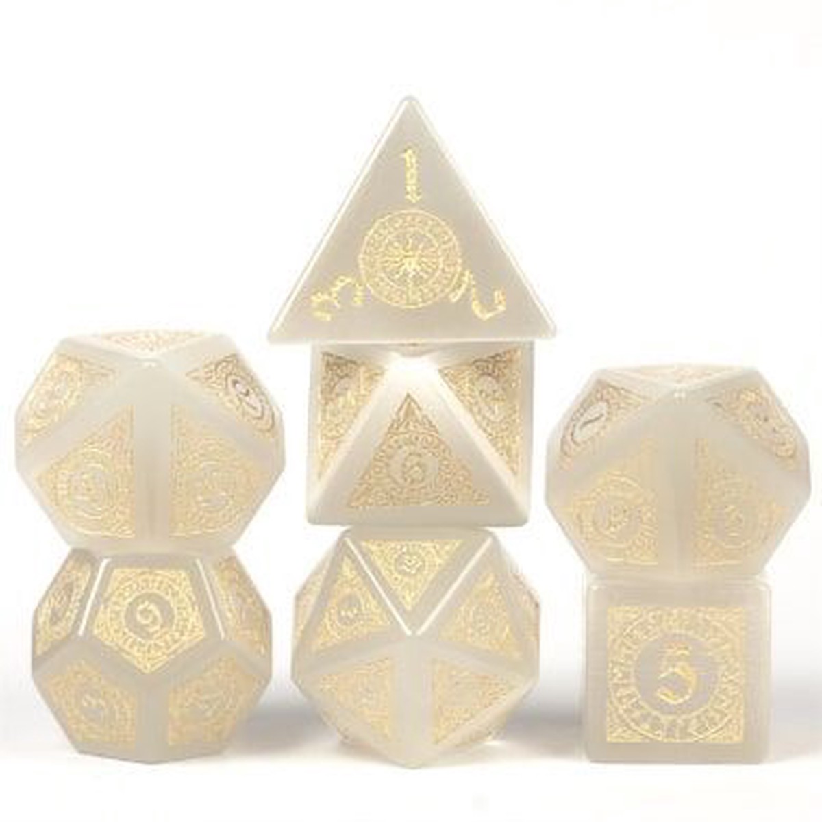 Foam Brain 7ct Gemstone Polyhedral Dice Set White Cats Eye with Runes