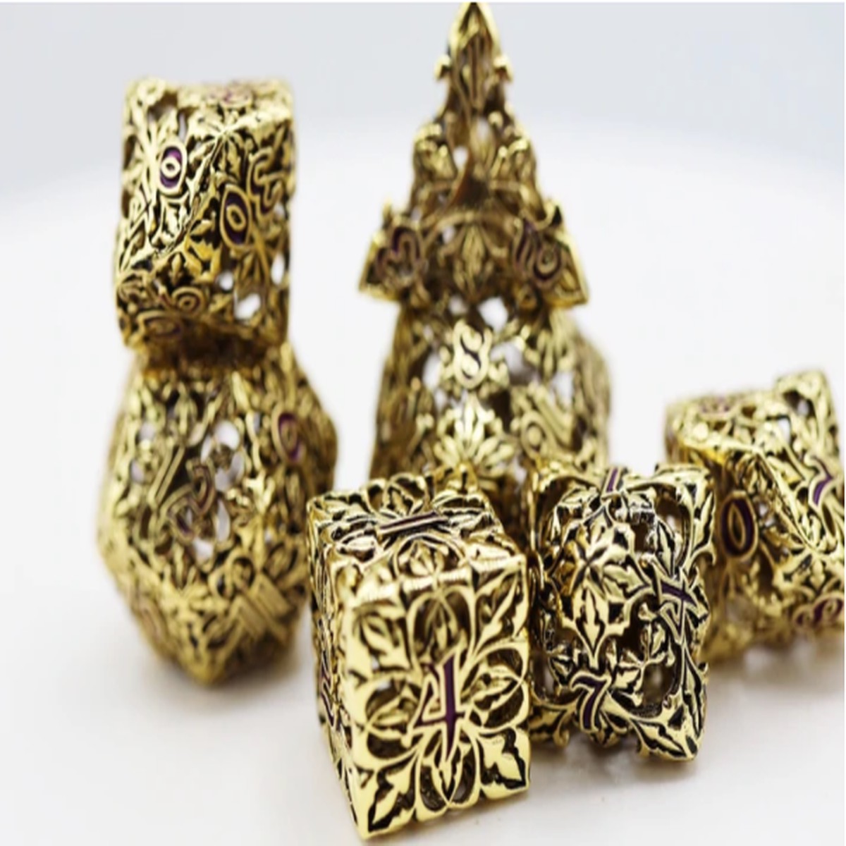 Foam Brain 7ct Hollow Metal Dice Set - Gilded Amethyst Fleur de Lis