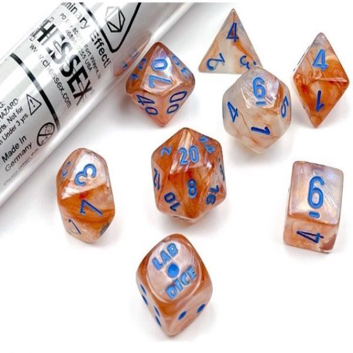 Chessex Lab Dice 7ct Polyhedral Set Borealis Rose Gold/Light Blue Luminary (30045)