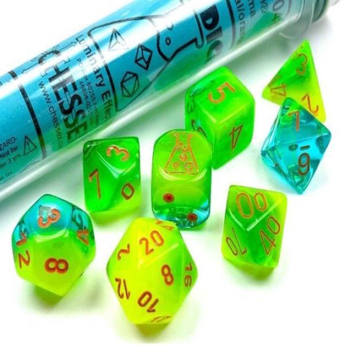 Chessex Lab Dice Wave 5 7ct Polyhedral Set Gemini Plasma Green-Teal/Orange Luminary (30048)
