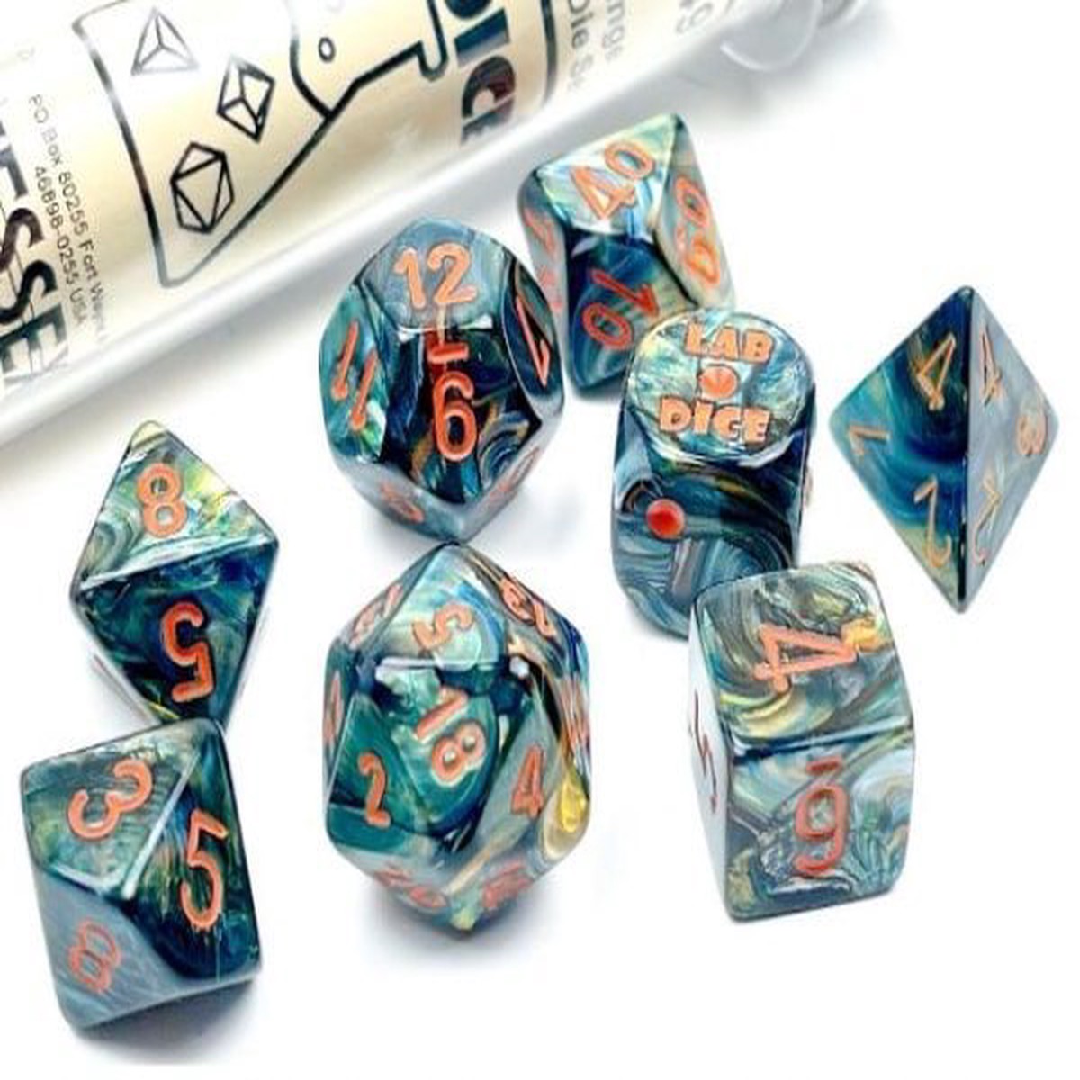 Chessex Lab Dice Wave 5 7ct Polyhedral Set Lustrous Alpestris/Orange (30049)