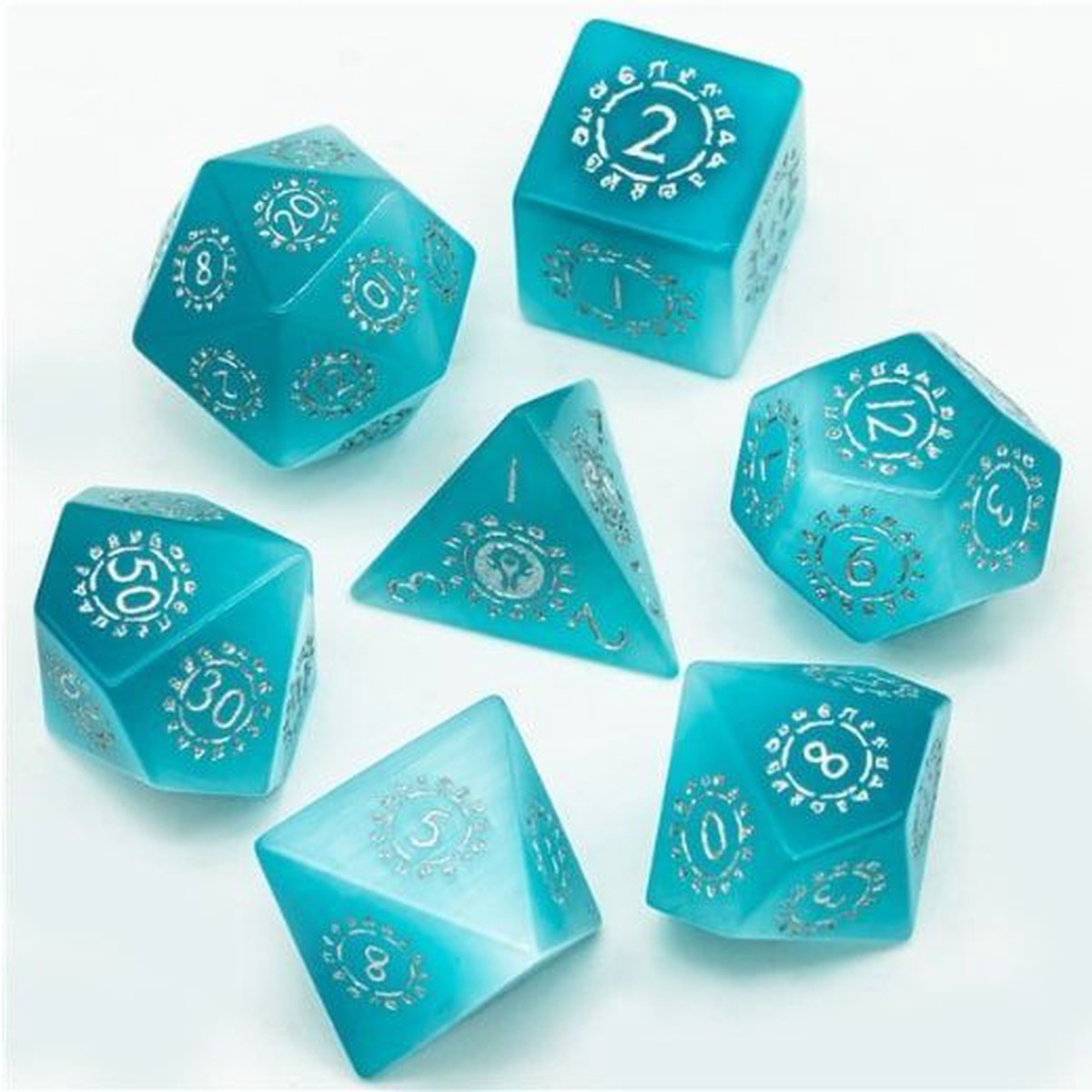 Foam Brain 7ct Gemstone Polyhedral Dice Set - Blue Cats Eye w/ Runes