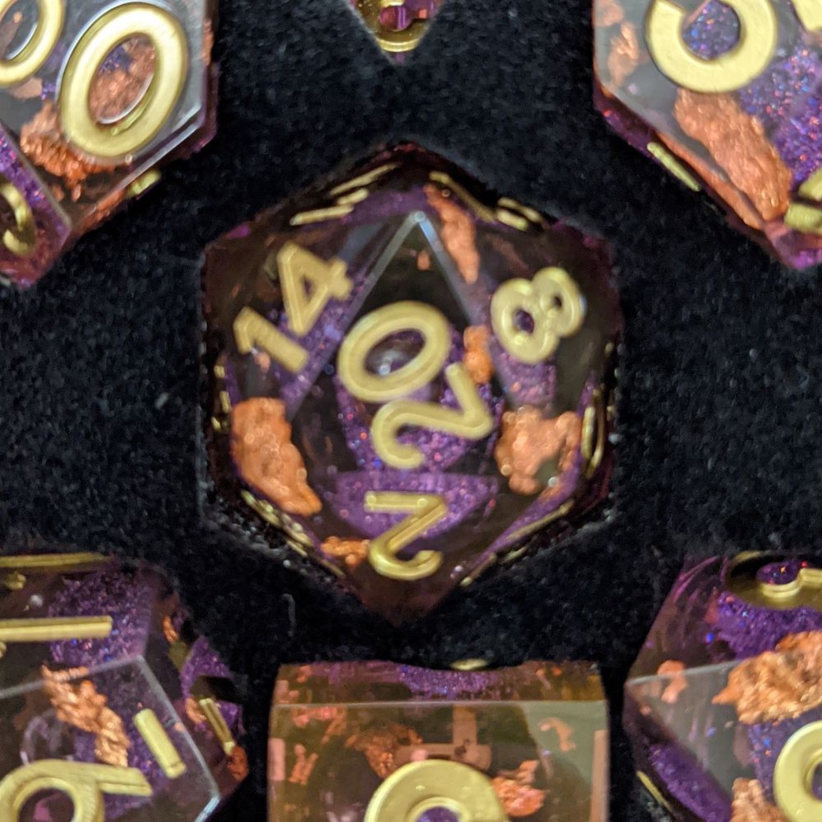 Metallic Dice Games Elixir Dice Single Liquid Core D20 - Purple with Copper Leaf
