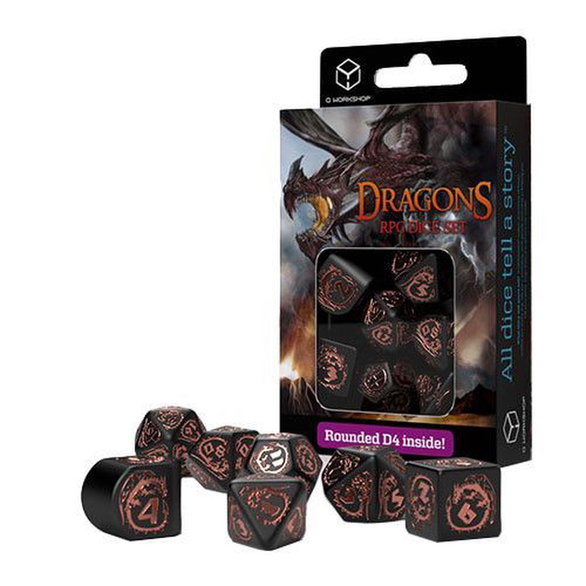 Q-Workshop 7ct Polyhedral Dice Set Dragons Black & Copper