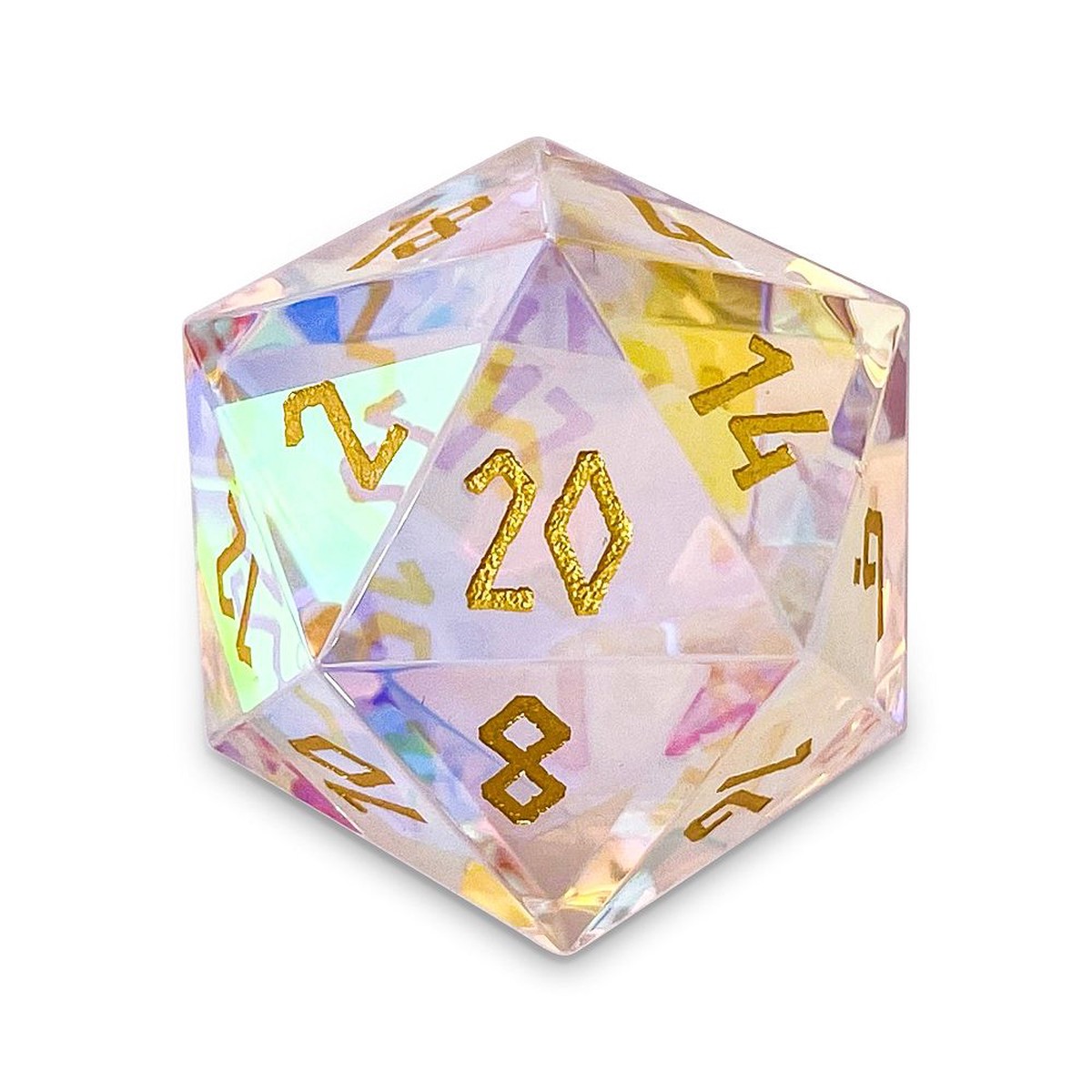 Norse Foundry 30mm Boulder D20 - K9 Rainbow Glass w/ Gold Font