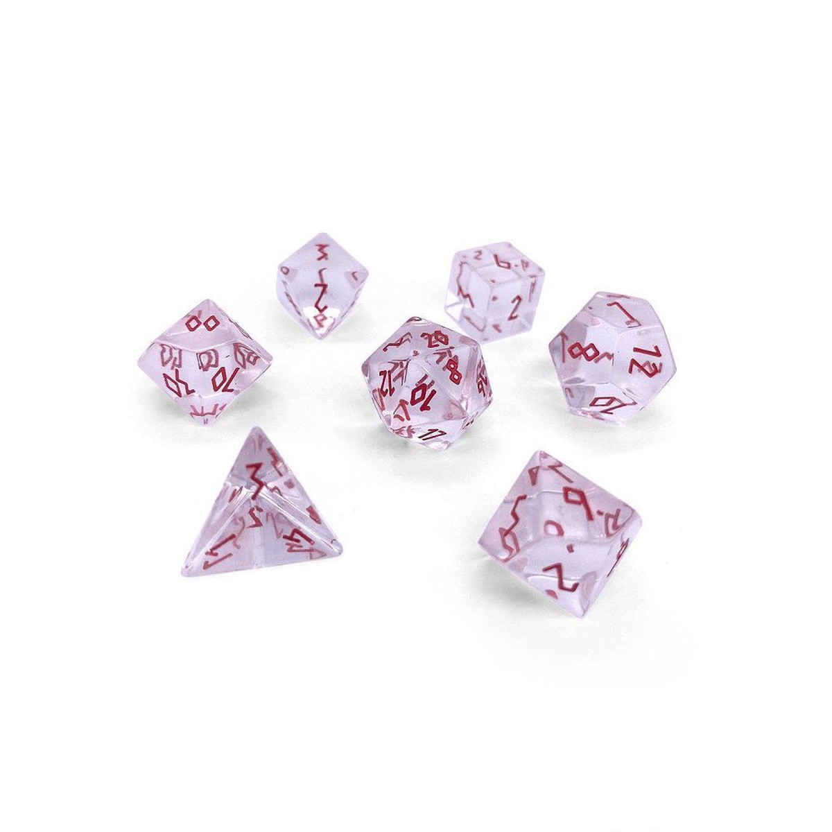 Norse Foundry Gemstone 7ct Polyhedral Dice Set Clear Crystal w/ Red Font