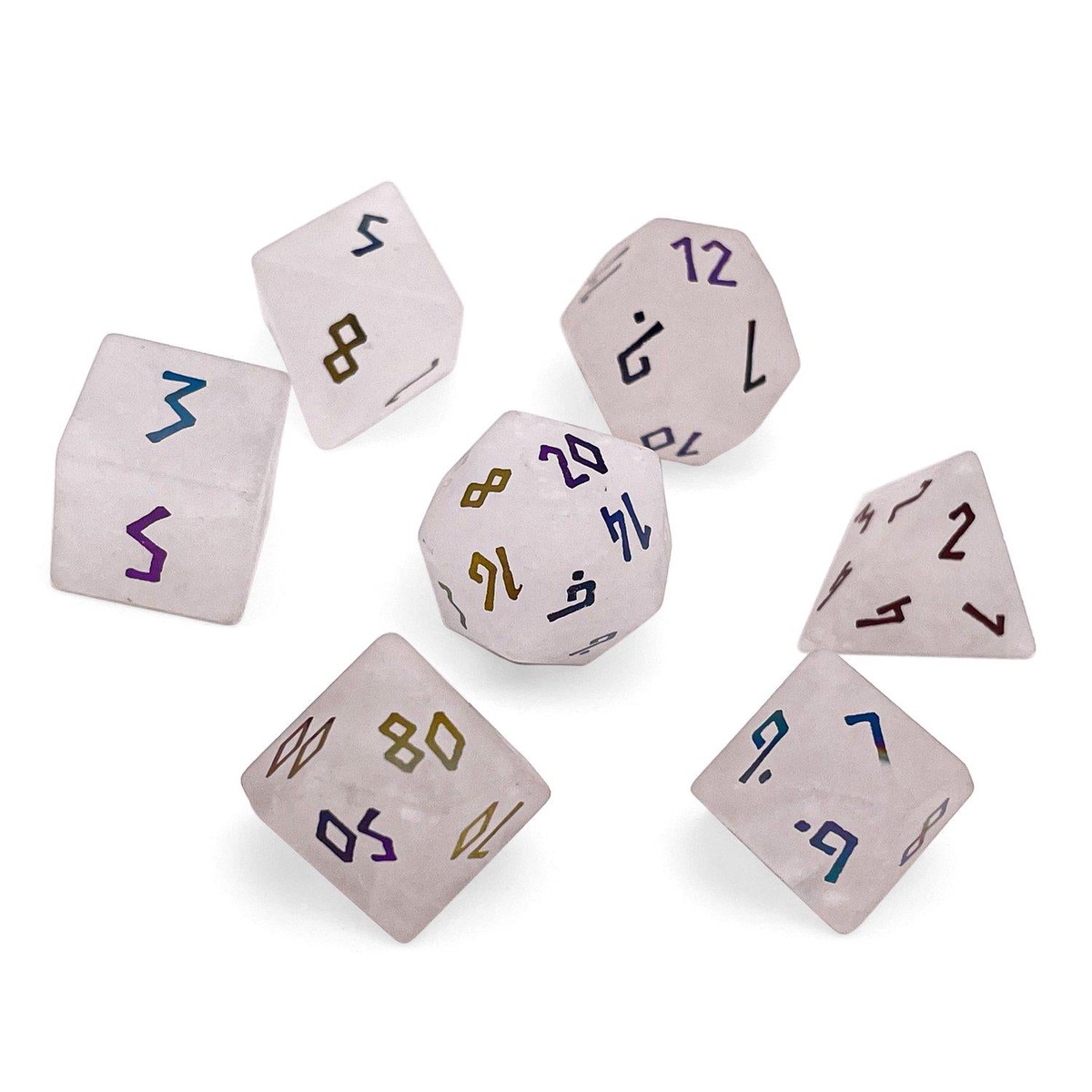 Norse Foundry Gemstone 7ct Polyhedral Dice Set Raised Holographic Rose Quartz
