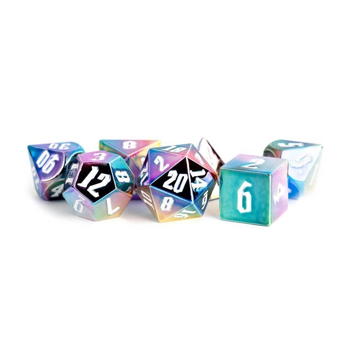 Rainbow Aegis w/ White Numbers 16mm Aluminum Plated Acrylic Poly Dice Set