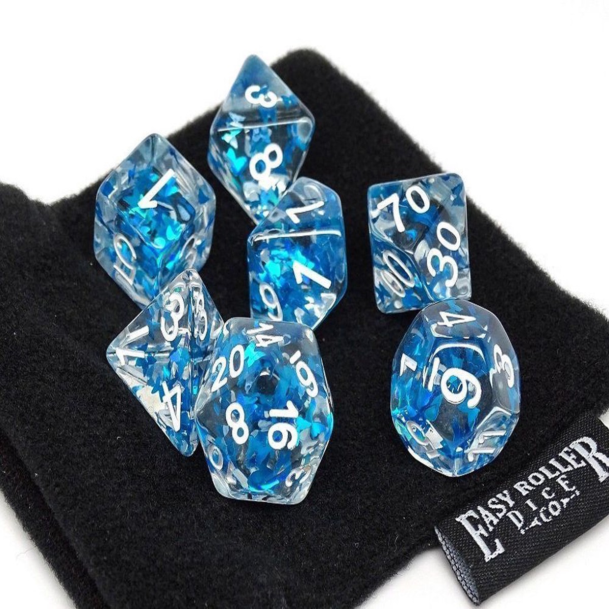 Easy Roller 7ct Polyhedral Dice Set Transparent Blue Butterfly w/ White Ink