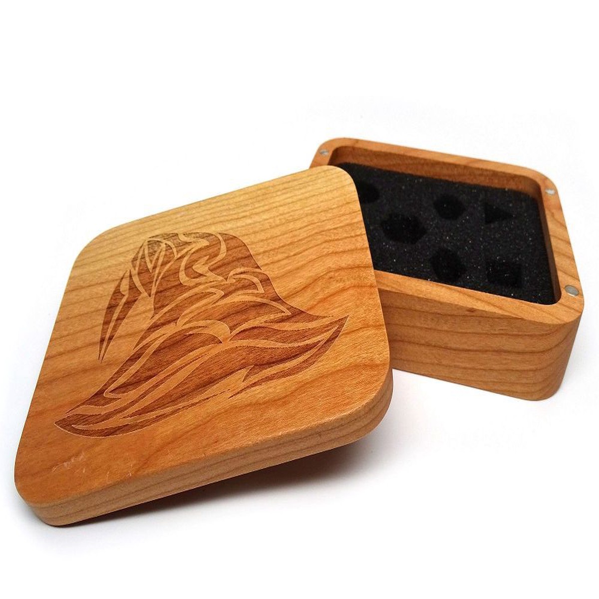 Easy Roller Wooden Dice Case - Cherry with Wizard Hat