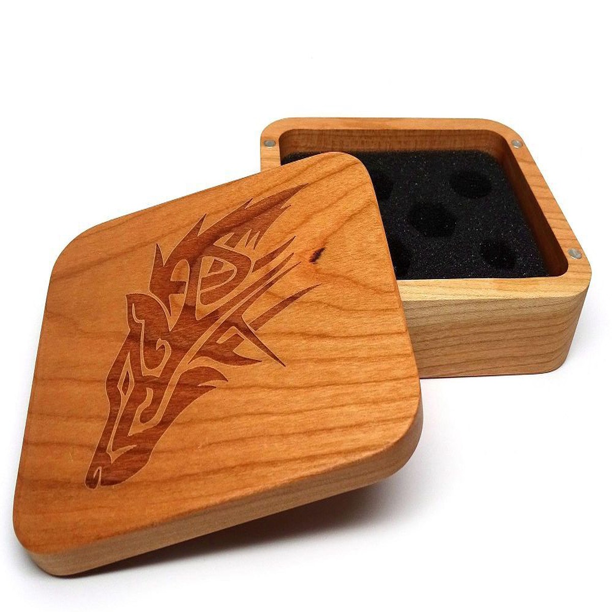 Easy Roller Wooden Dice Case - Cherry with Wolf