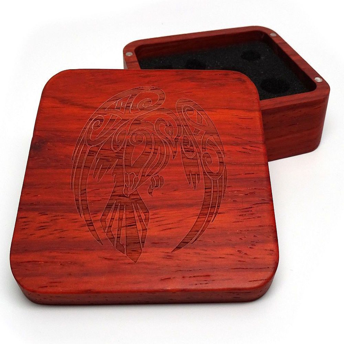 Easy Roller Wooden Dice Case - Padauk with Raven