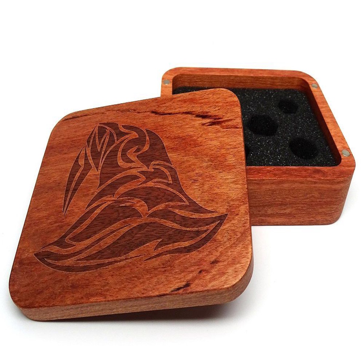 Easy Roller Wooden Dice Case - Rosewood with Wizard Hat