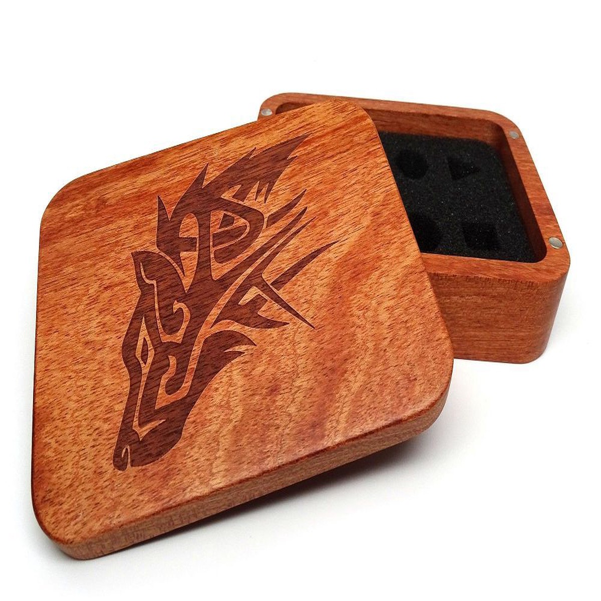 Easy Roller Wooden Dice Case - Rosewood with Wolf