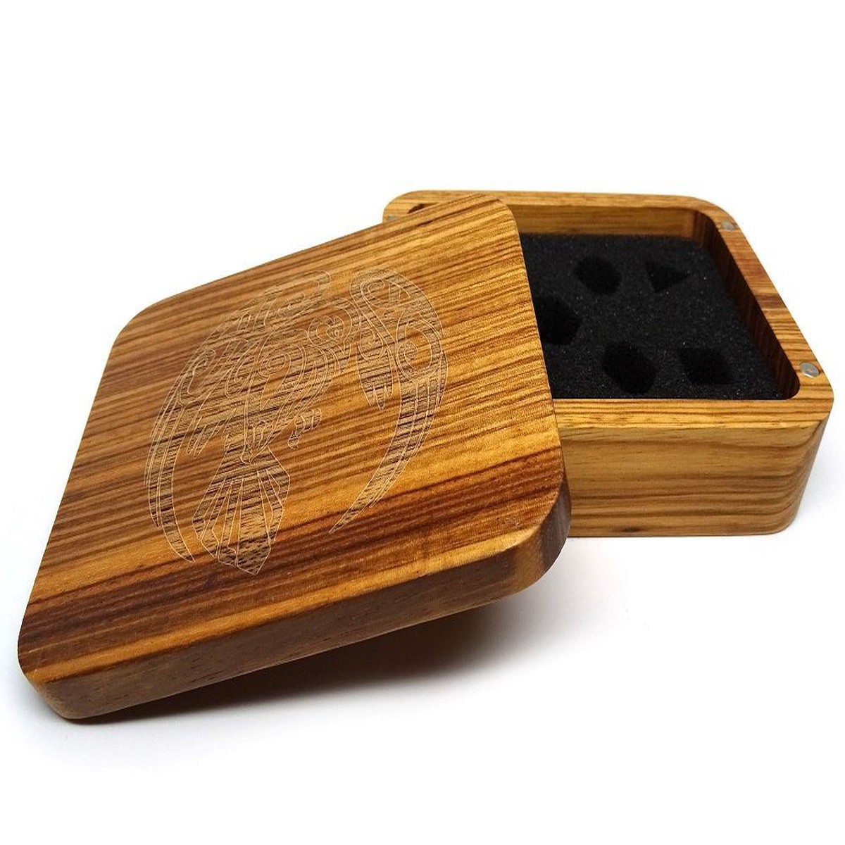 Easy Roller Wooden Dice Case - Zebrawood with Raven