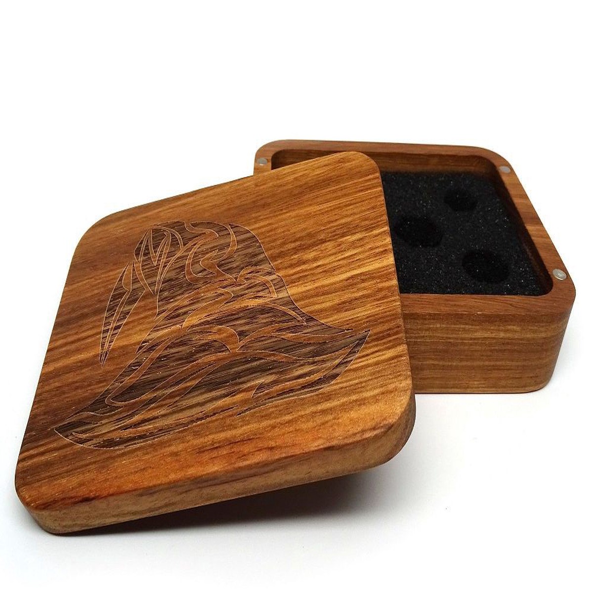 Easy Roller Wooden Dice Case - Zebrawood with Wizard Hat