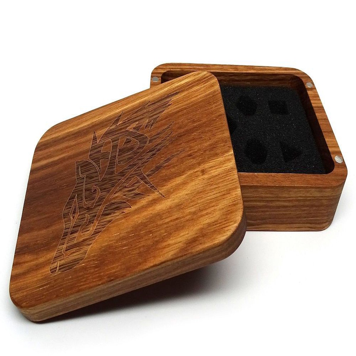 Easy Roller Wooden Dice Case - Zebrawood with Wolf