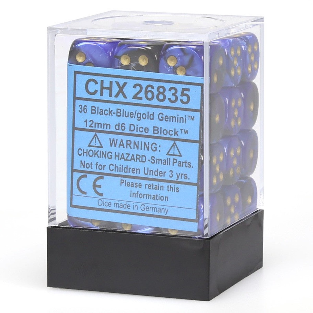 Chessex Dice: Gemini 3: 12mm D6 Black Blue Gold/Black (36)
