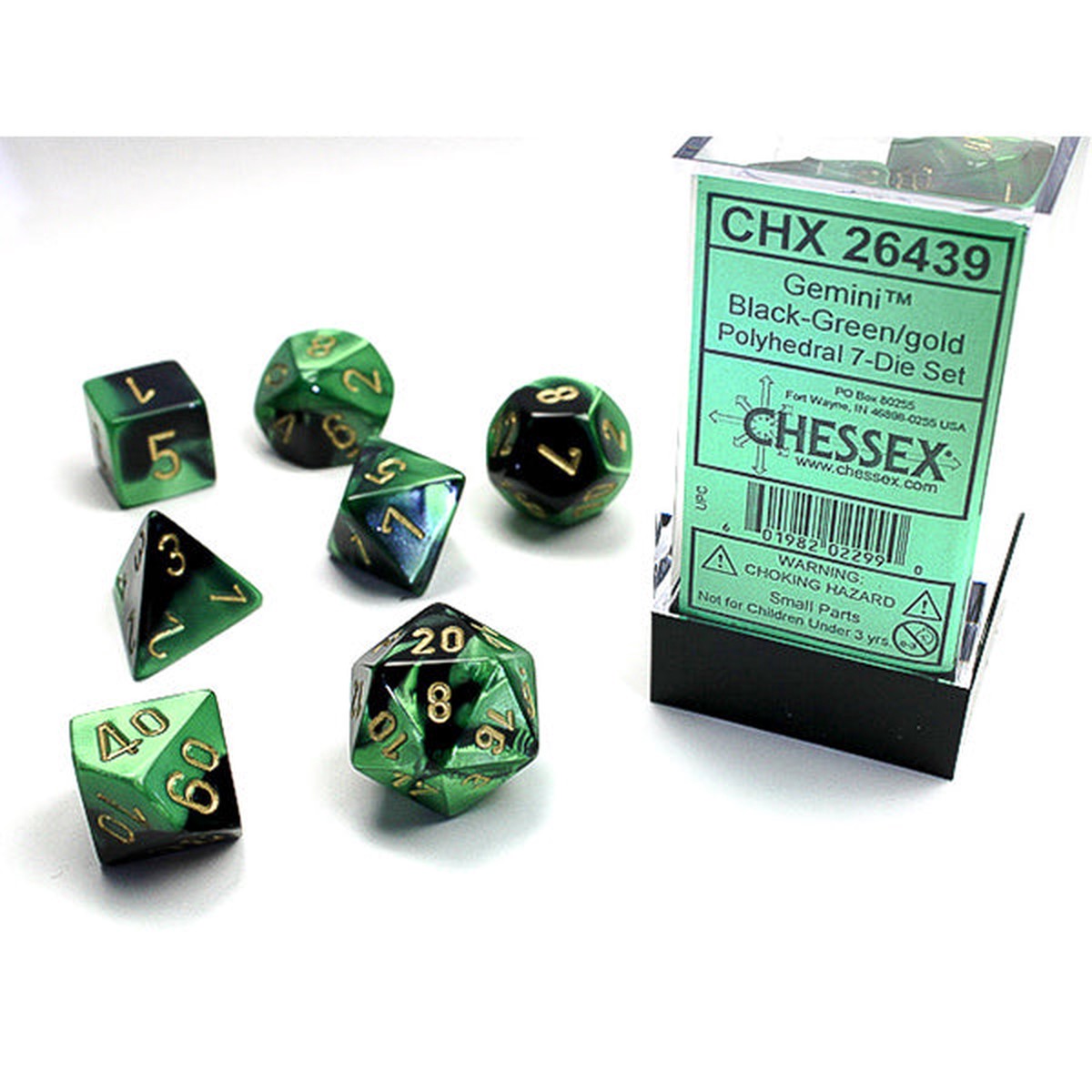 Chessex: 7-Die Set Gemini: Black-Green/Gold