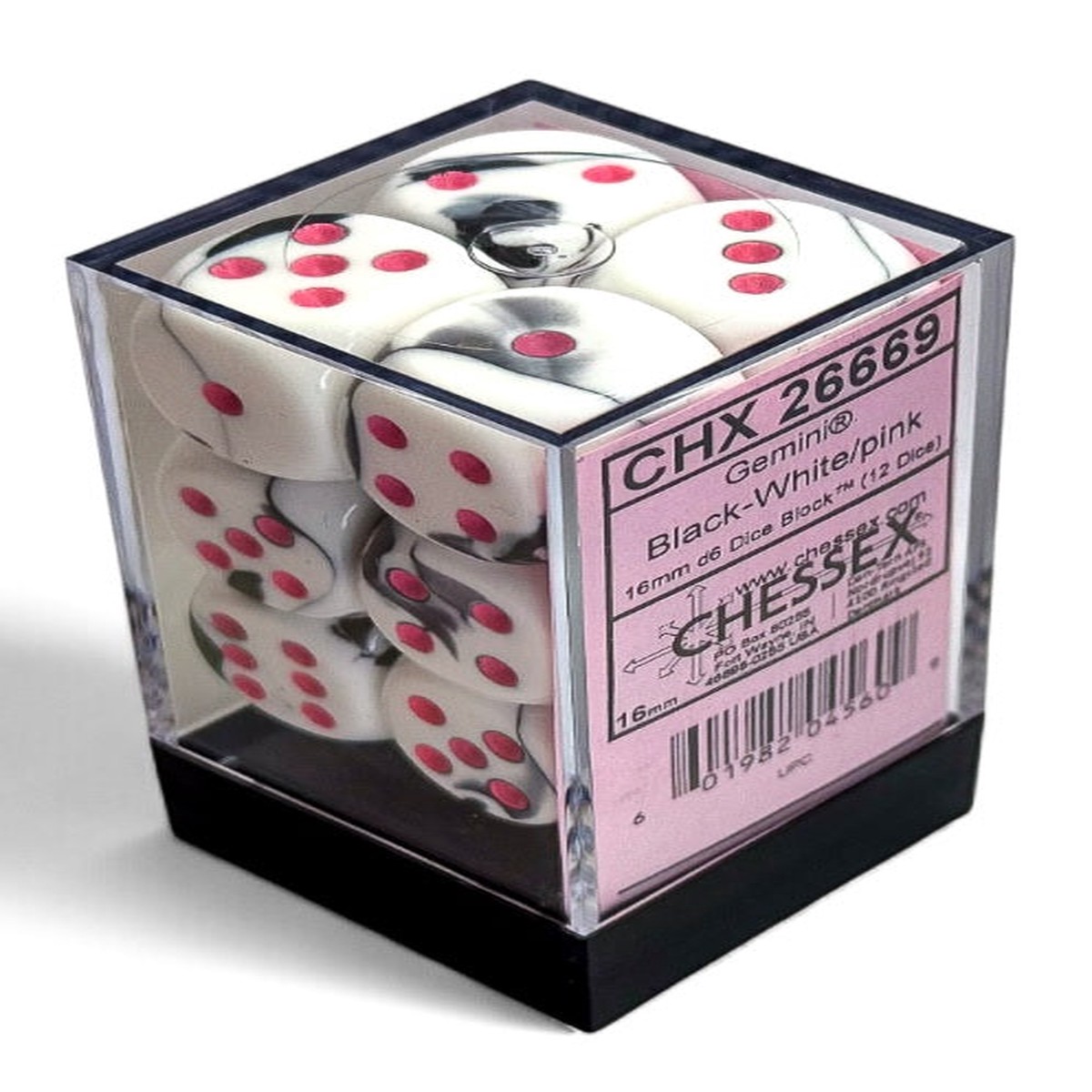 Chessex: Gemini: 16mm d6 Black-White/pink Dice Block (12 dice)