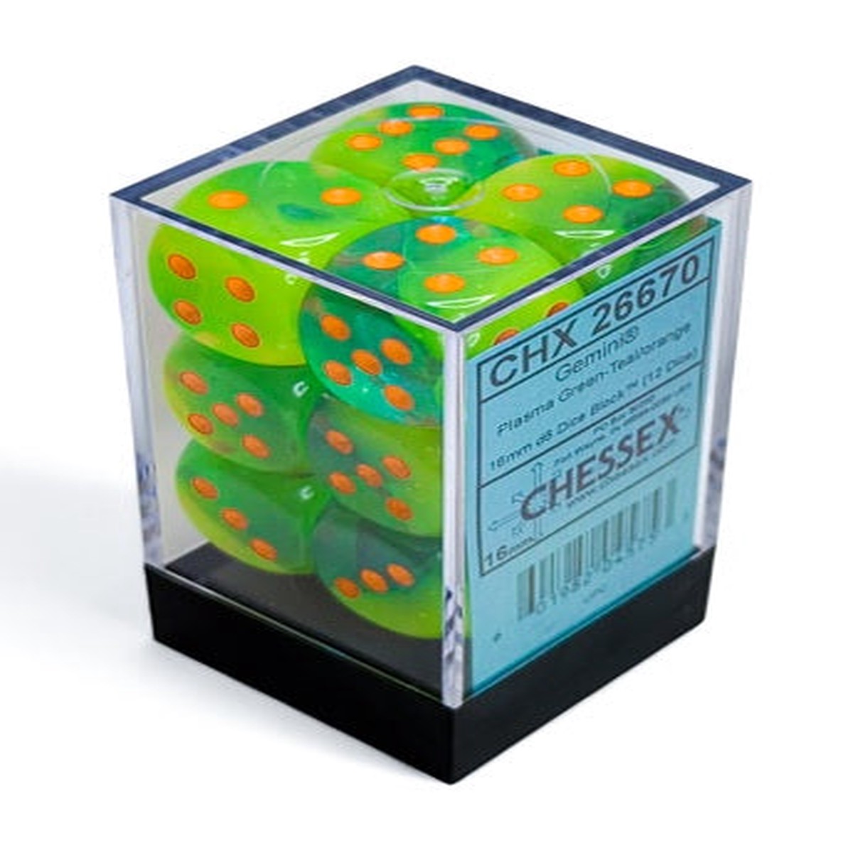 Chessex: Gemini: 16mm d6 Plasma Green-Teal/orange Luminary Dice Block (12 dice)