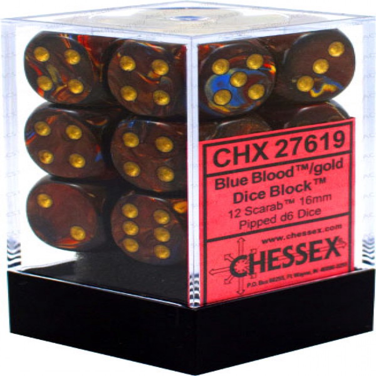 Chessex Dice: Scarab 16mm D6 Blue/Blood/Gold (12)