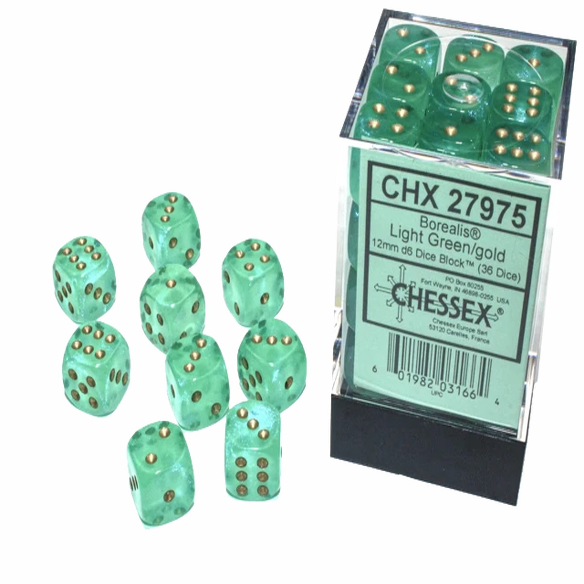 Chessex Dice: Borealis: 12mm Light Green/gold Luminary Dice Block (36)