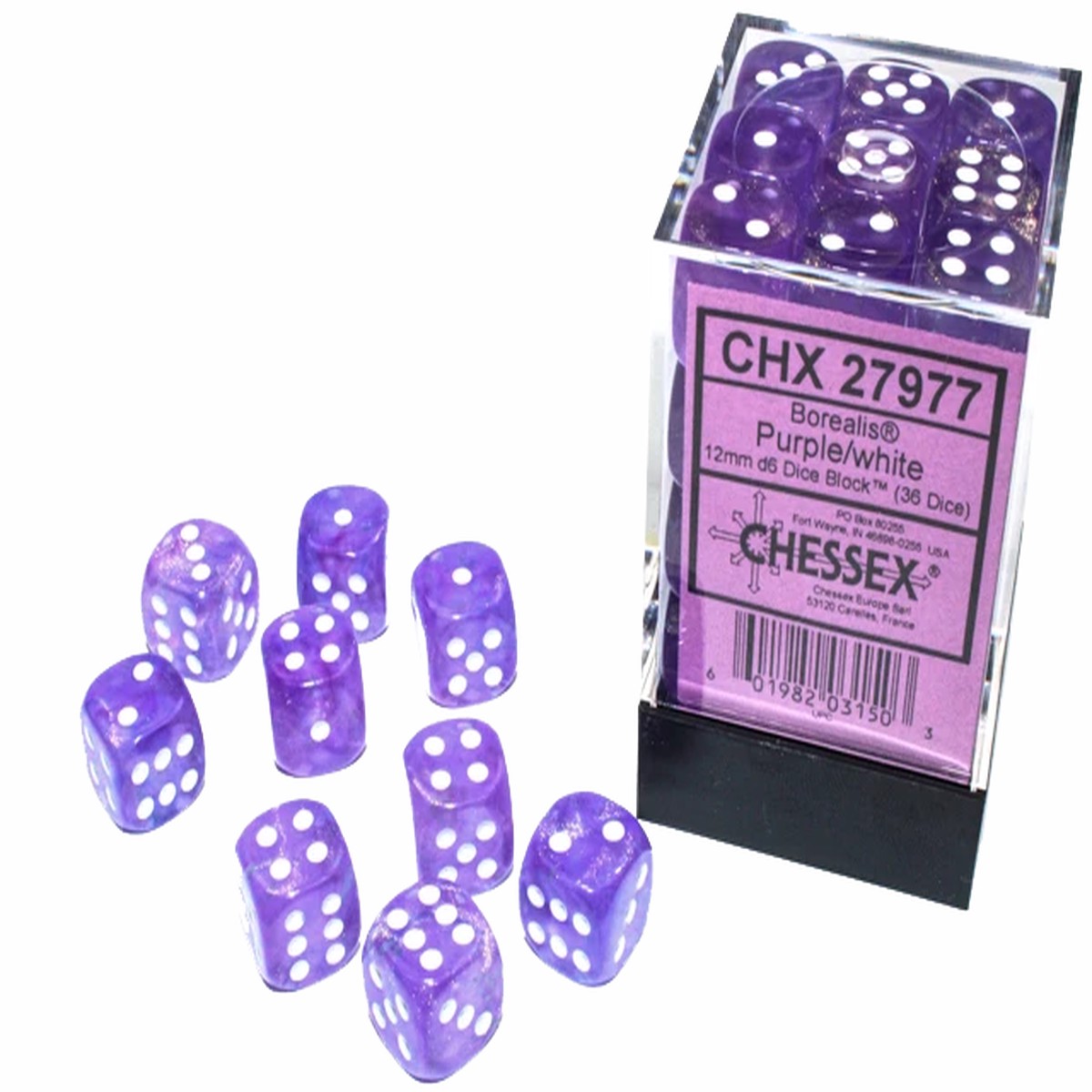 Chessex Dice: Borealis: 12mm Light Purple/white Luminary Dice Block (36)