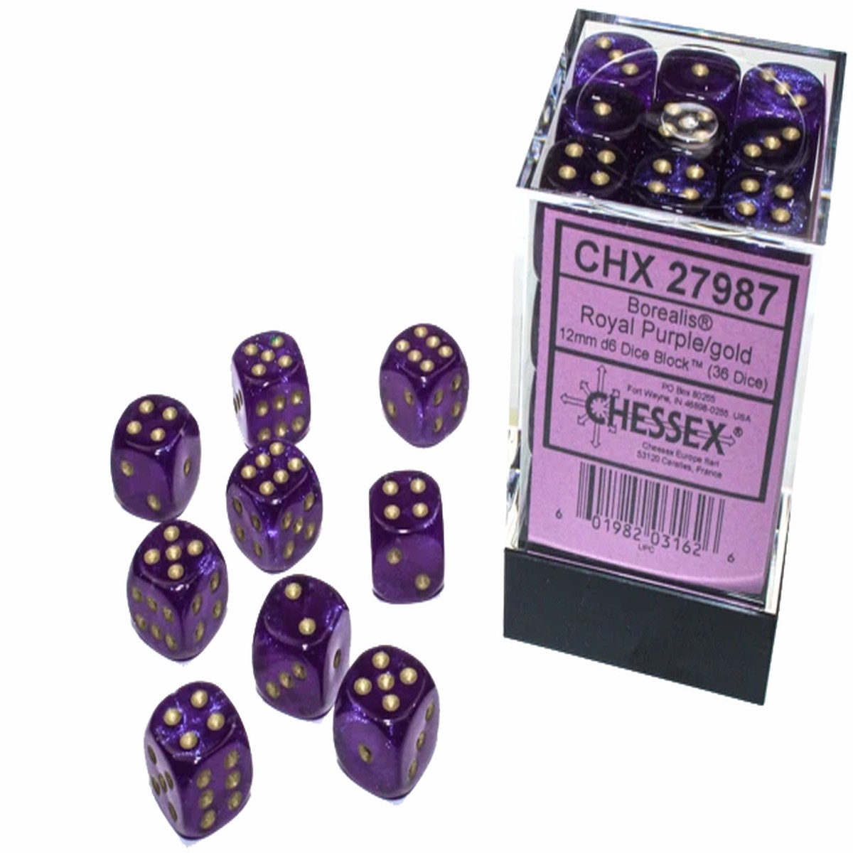 Chessex Dice: Borealis: 12mm Royal Purple/gold Luminary Dice Block (36)