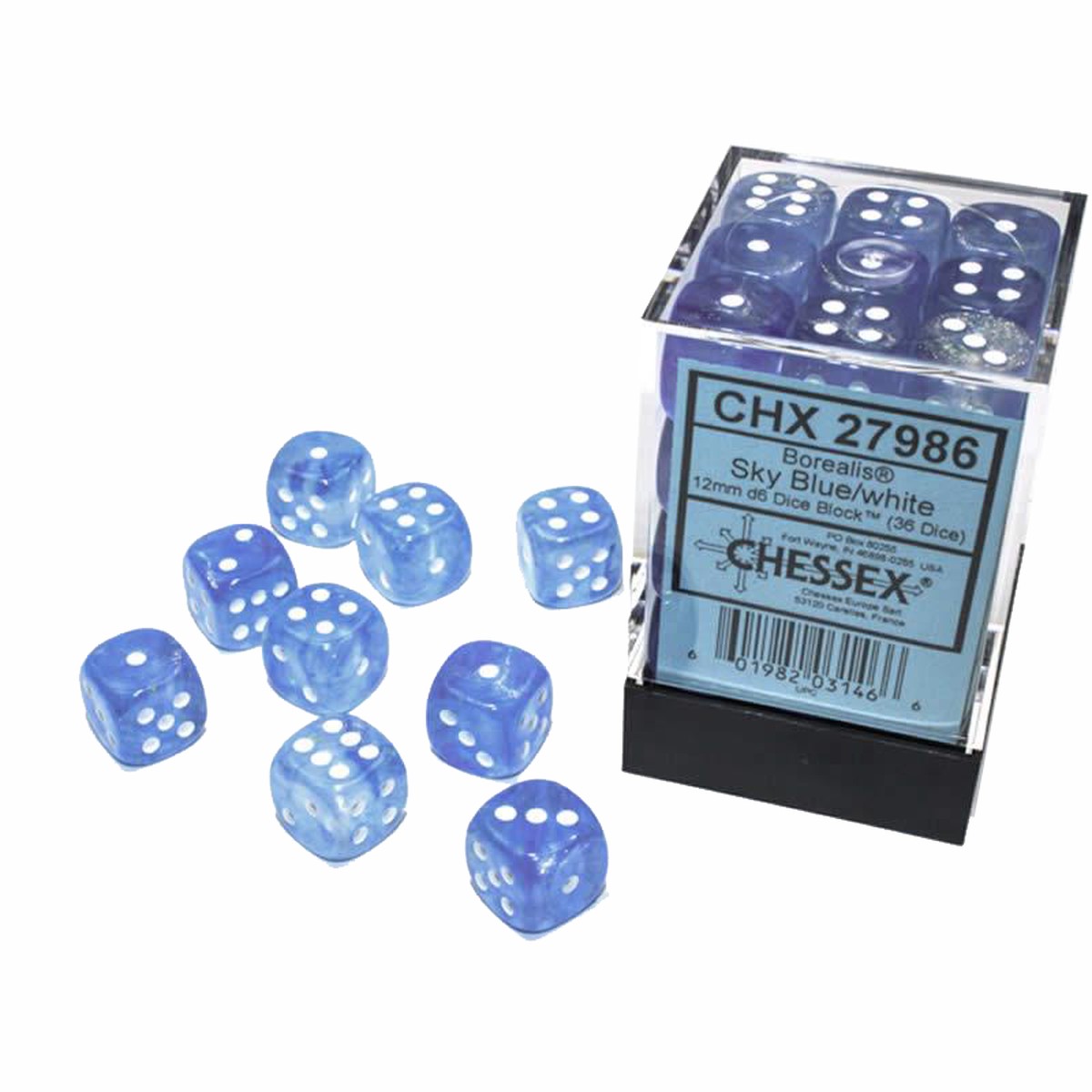 Chessex Dice: Borealis: 12mm Sky Blue/white Luminary Dice Block (36)