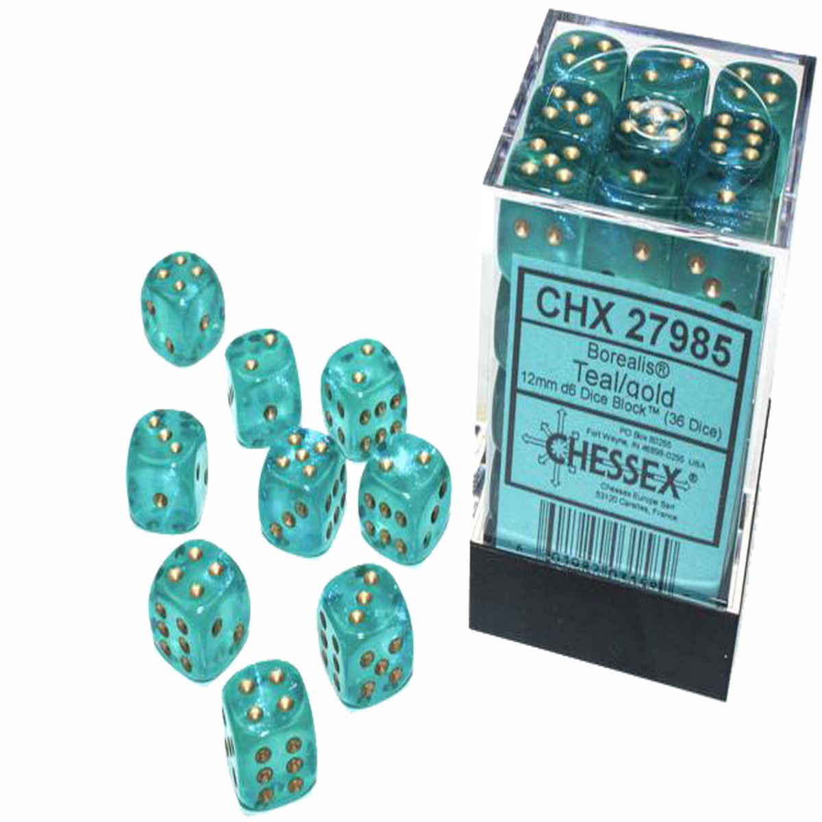 Chessex Dice: Borealis: 12mm Teal/gold Luminary Dice Block (36)