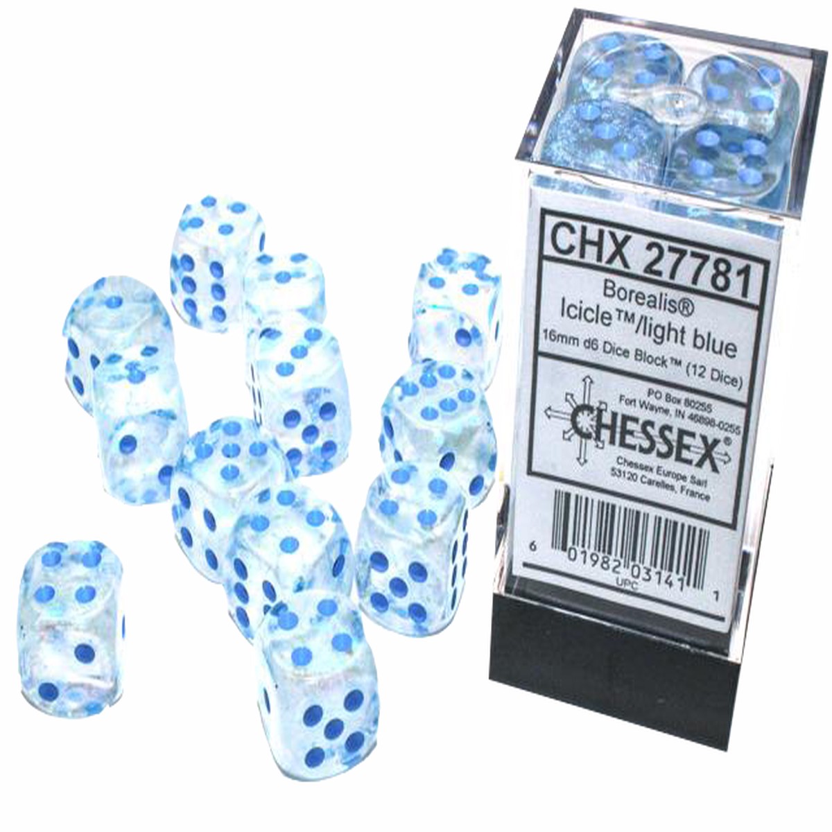 Chessex Dice: Borealis: 16mm Icicle/light blue Luminary Dice Block (12)