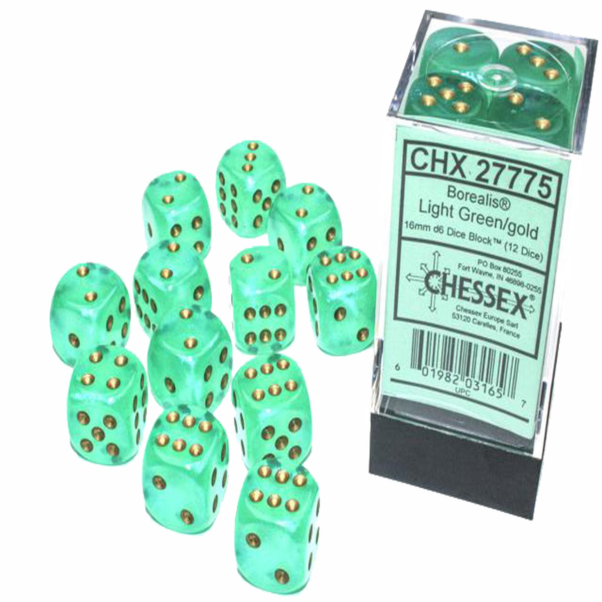 Chessex Dice: Borealis: 16mm Light Green/gold Luminary Dice Block (12)