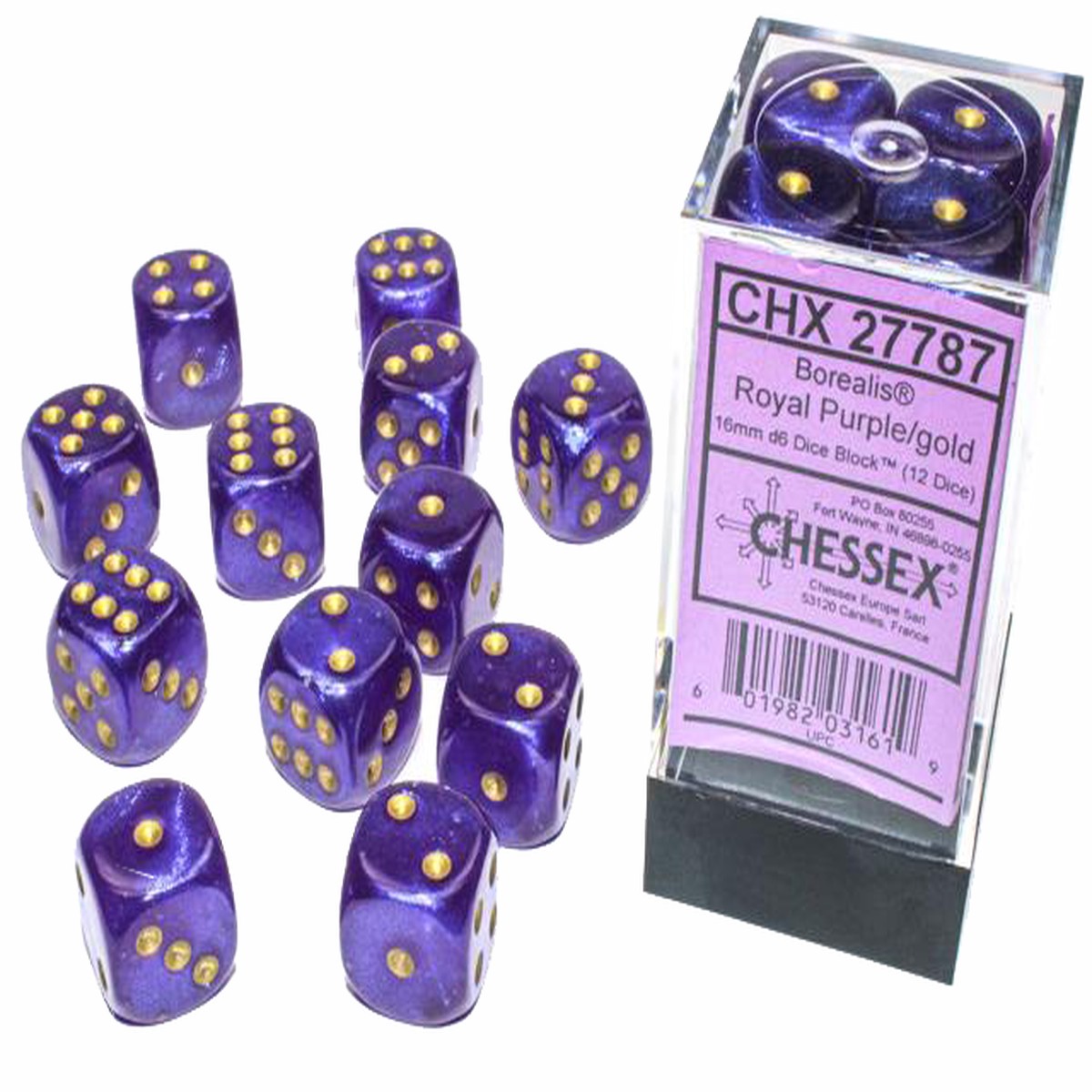 Chessex Dice: Borealis: 16mm Royal Purple/gold Luminary Dice Block (12)