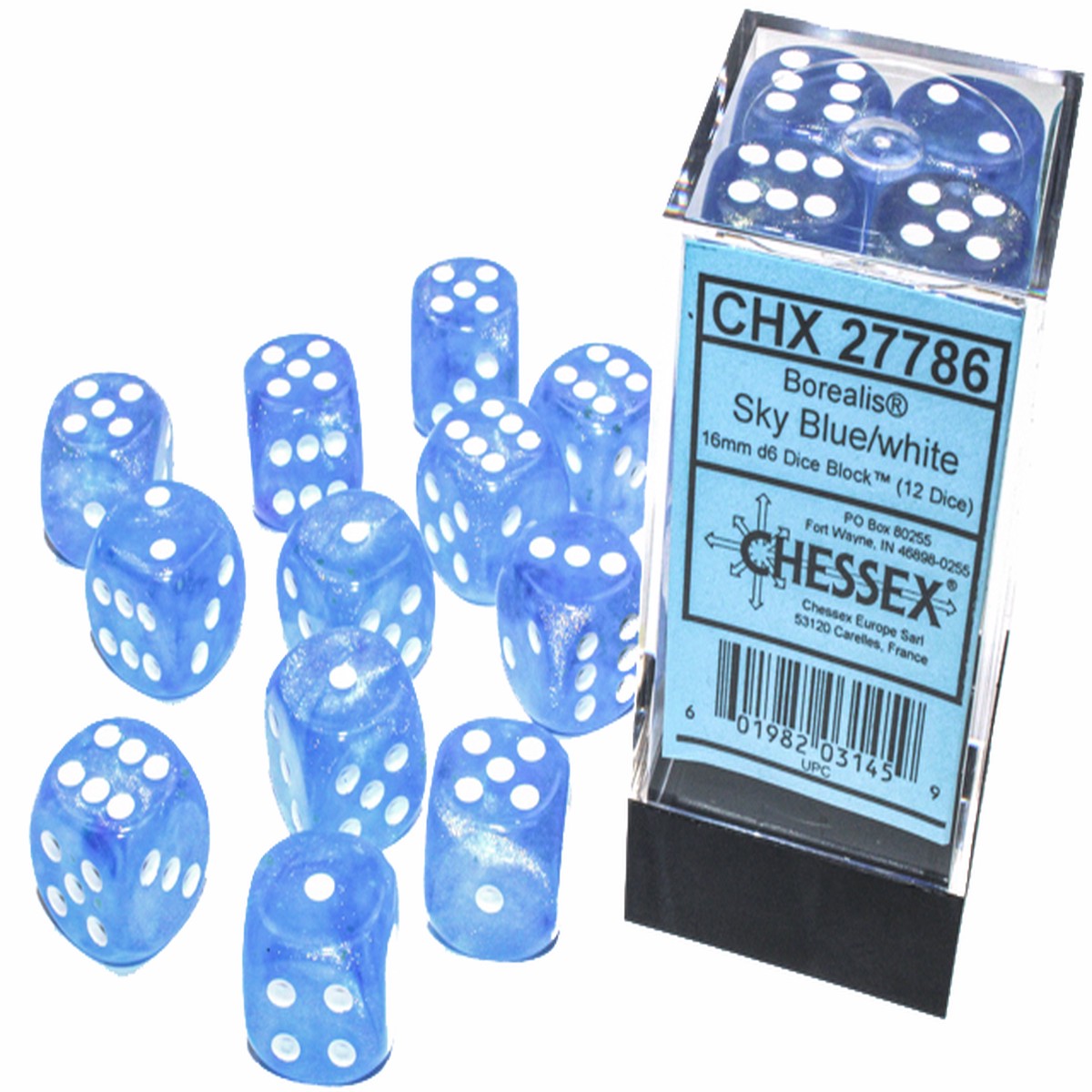 Chessex Dice: Borealis: 16mm Sky Blue/White Luminary Dice Block (12)