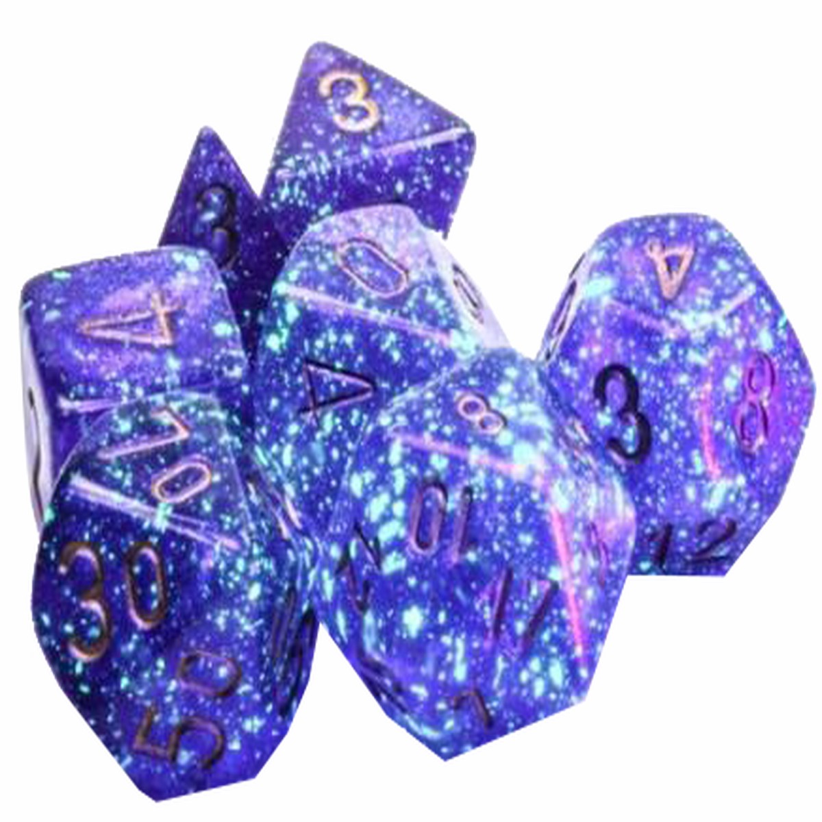 Chessex Dice: Borealis: Polyhedral Royal Purple/gold Luminary (7)
