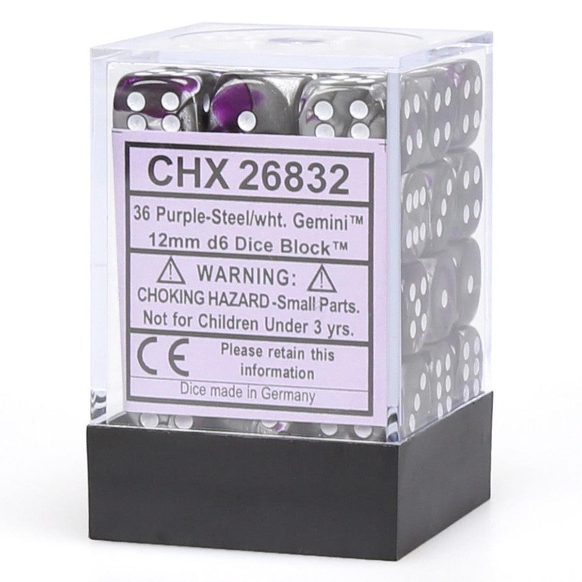 Chessex Dice: Gemini 2: 12mm D6 Purple Steel/White (36)